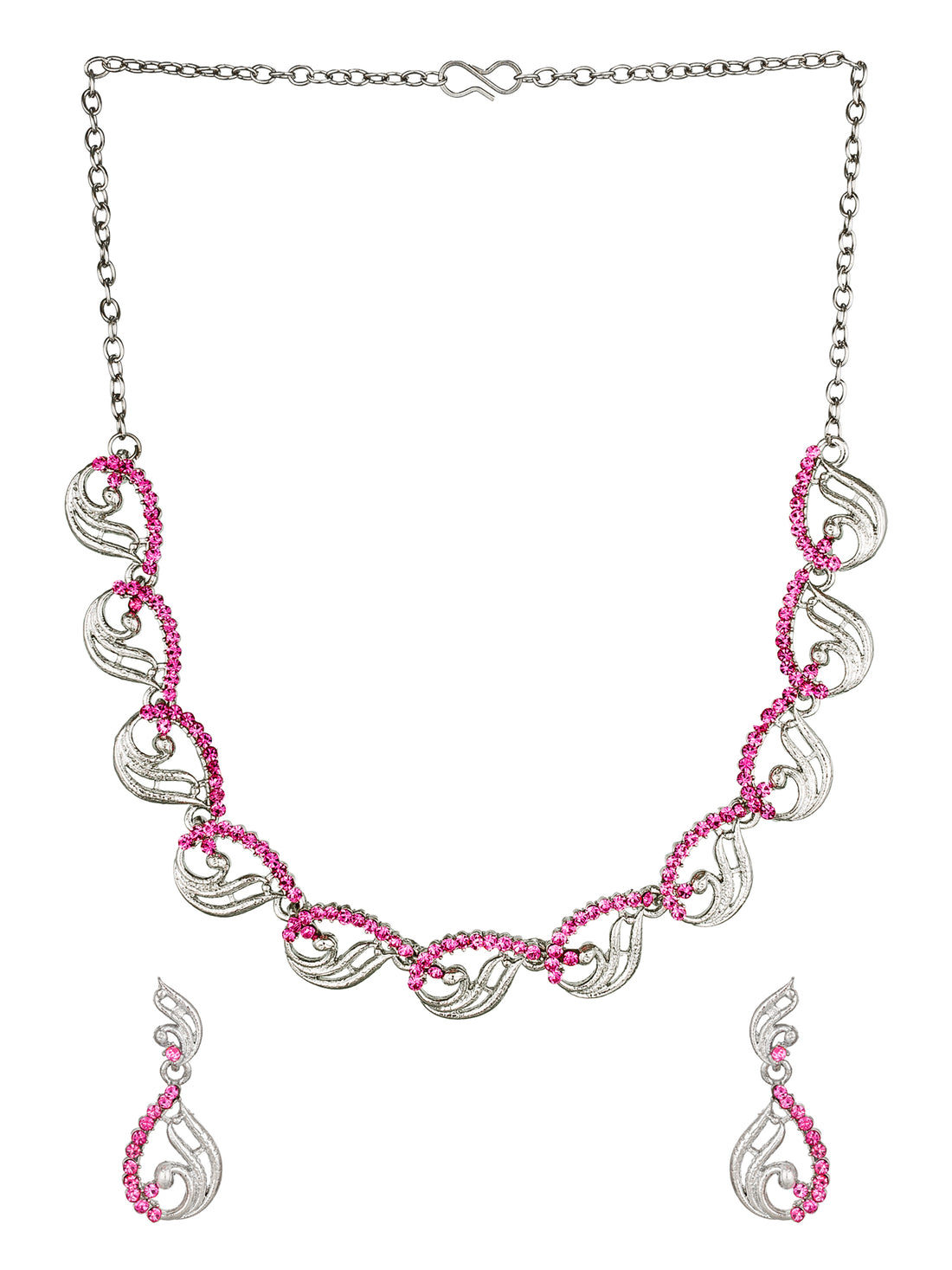 Aadita Party Wear Silver-Toned Pink Stone Scroll Wave Necklace Set with Drop Earrings