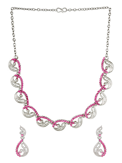 Aadita Party Wear Silver-Toned Pink Stone Scroll Wave Necklace Set with Drop Earrings