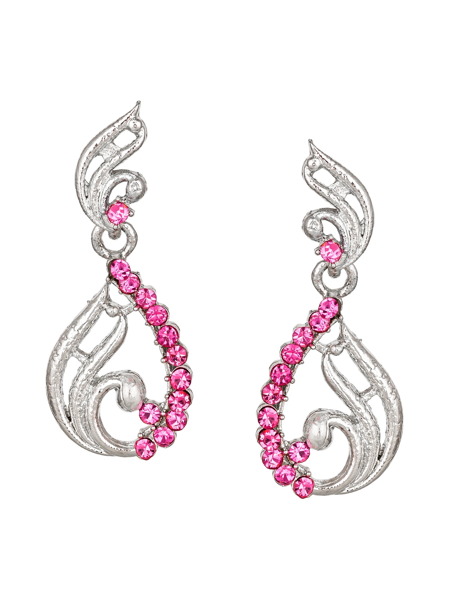 Aadita Party Wear Silver-Toned Pink Stone Scroll Wave Necklace Set with Drop Earrings
