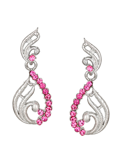 Aadita Party Wear Silver-Toned Pink Stone Scroll Wave Necklace Set with Drop Earrings