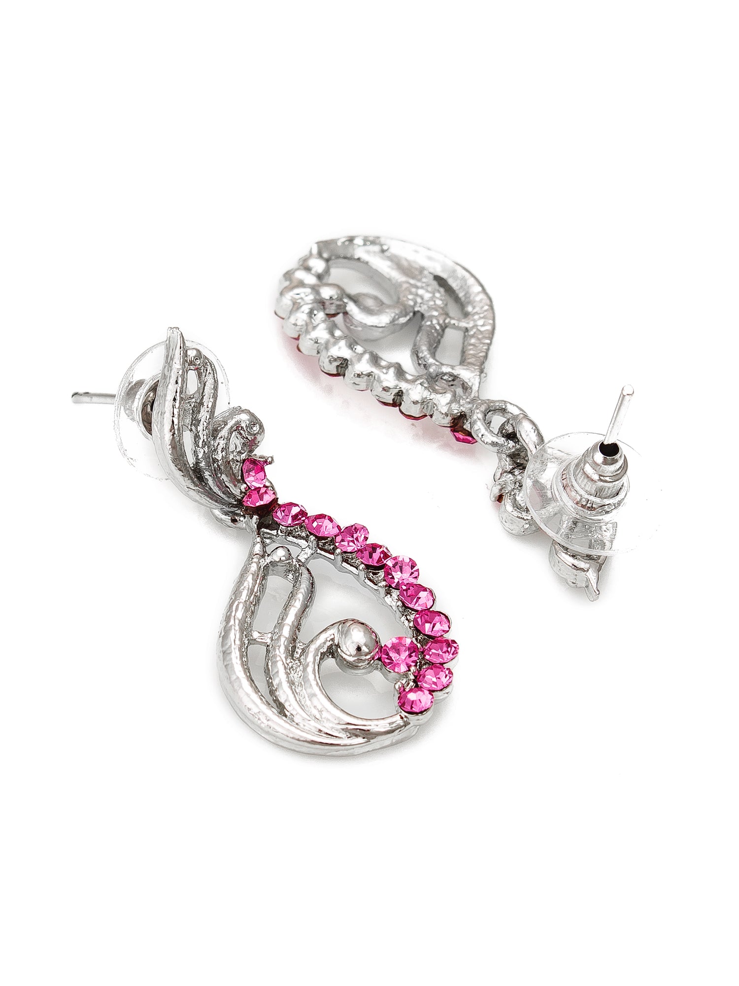 Aadita Party Wear Silver-Toned Pink Stone Scroll Wave Necklace Set with Drop Earrings