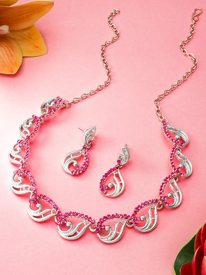 Aadita Party Wear Silver-Toned Pink Stone Scroll Wave Necklace Set with Drop Earrings