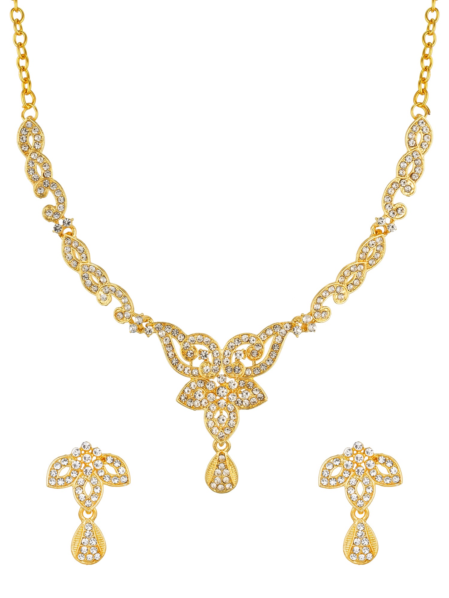 Aadita Gold-Toned American Diamond Floral Scroll Necklace Set with Drop Earrings For Party Wear