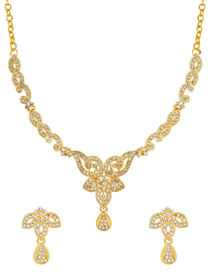 Aadita Gold-Toned American Diamond Floral Scroll Necklace Set with Drop Earrings For Party Wear