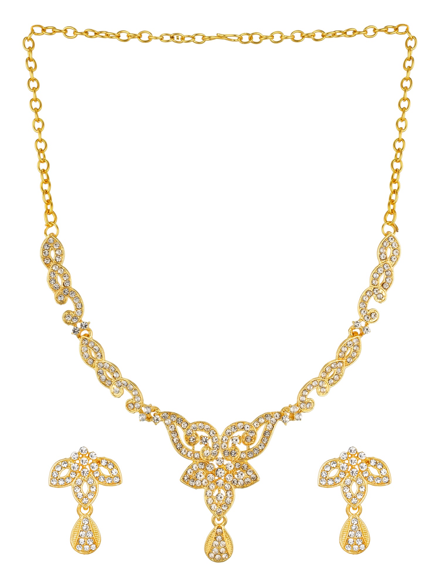 Aadita Gold-Toned American Diamond Floral Scroll Necklace Set with Drop Earrings For Party Wear