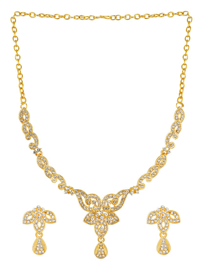 Aadita Gold-Toned American Diamond Floral Scroll Necklace Set with Drop Earrings For Party Wear