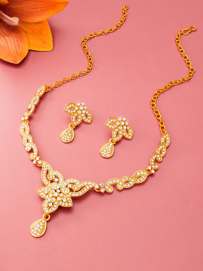 Aadita Gold-Toned American Diamond Floral Scroll Necklace Set with Drop Earrings For Party Wear