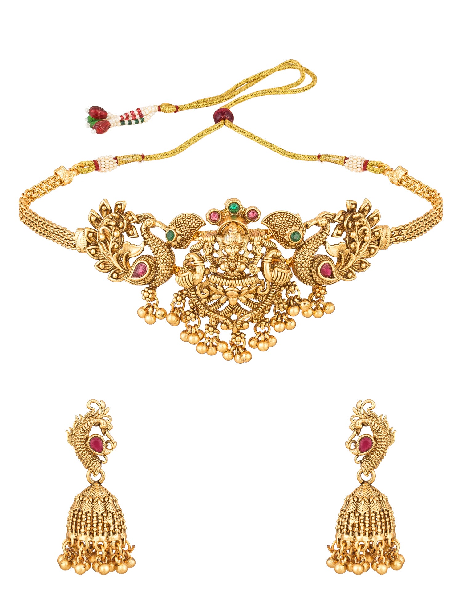 Aadita Antique Gold Lakshmi Temple Choker Necklace Set with Jhumka Earrings