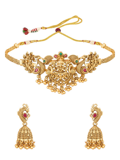 Aadita Antique Gold Lakshmi Temple Choker Necklace Set with Jhumka Earrings