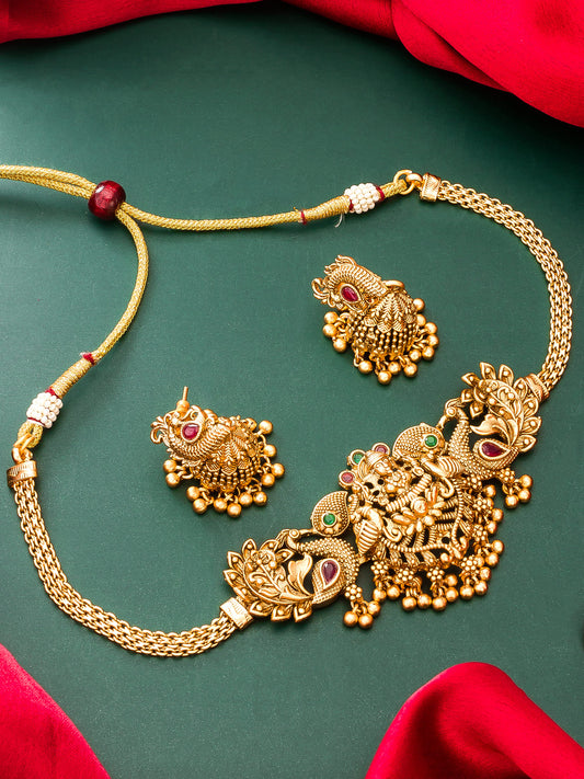 Aadita Antique Gold Lakshmi Temple Choker Necklace Set with Jhumka Earrings