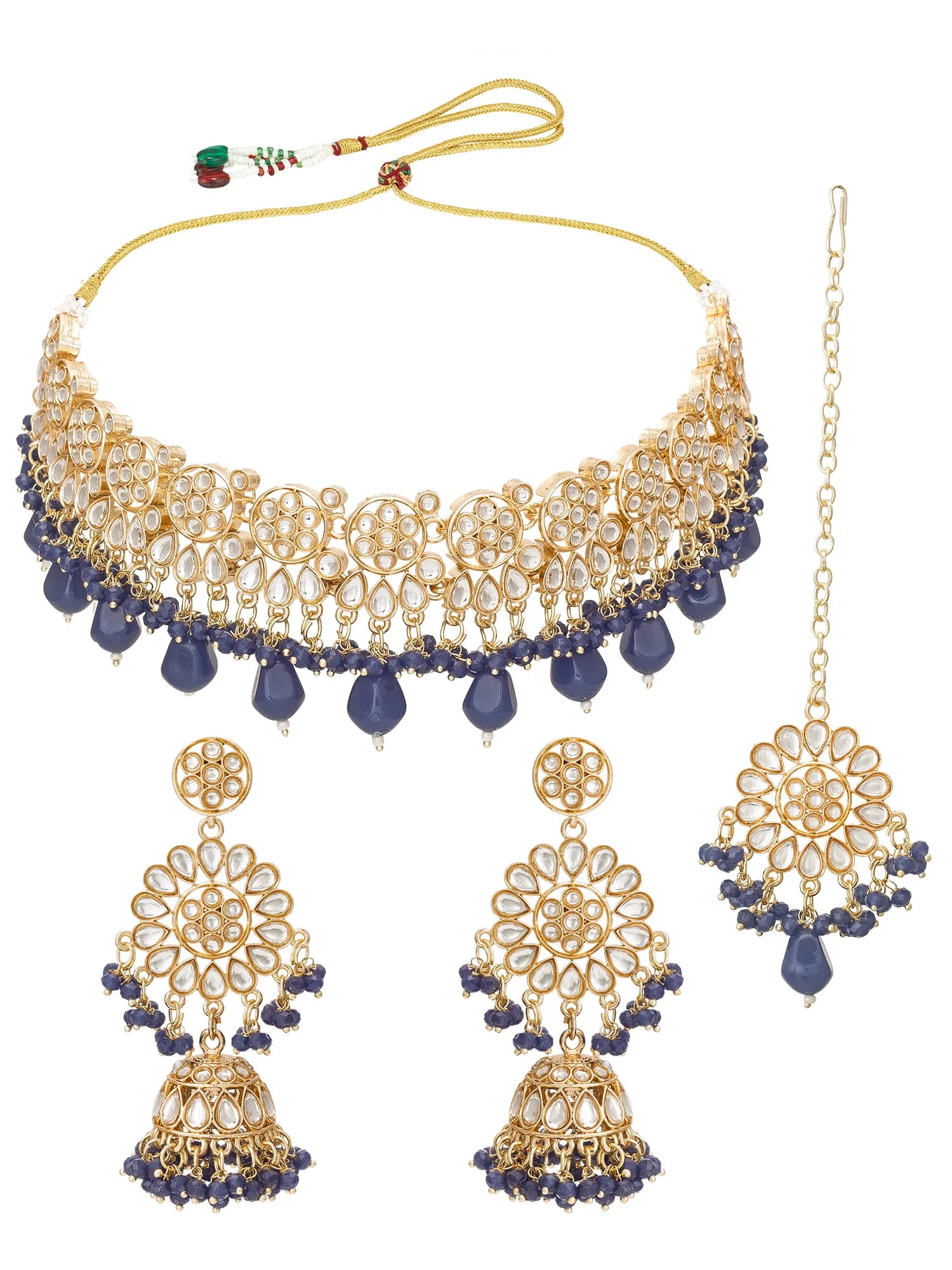 Gold and blue jewelry set including necklace, earrings, and hanger on a white background