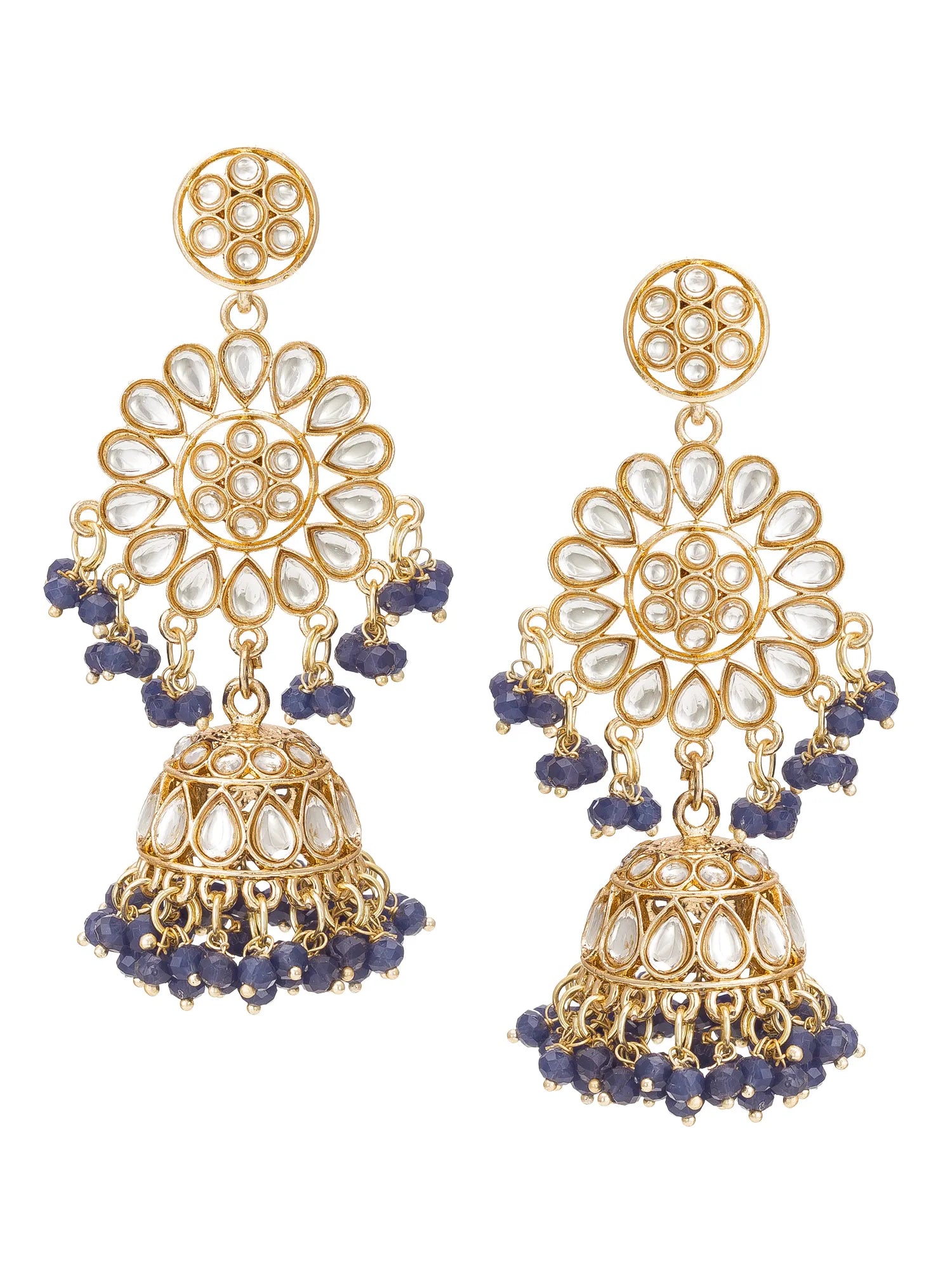 Gold and blue beaded earrings on a white background