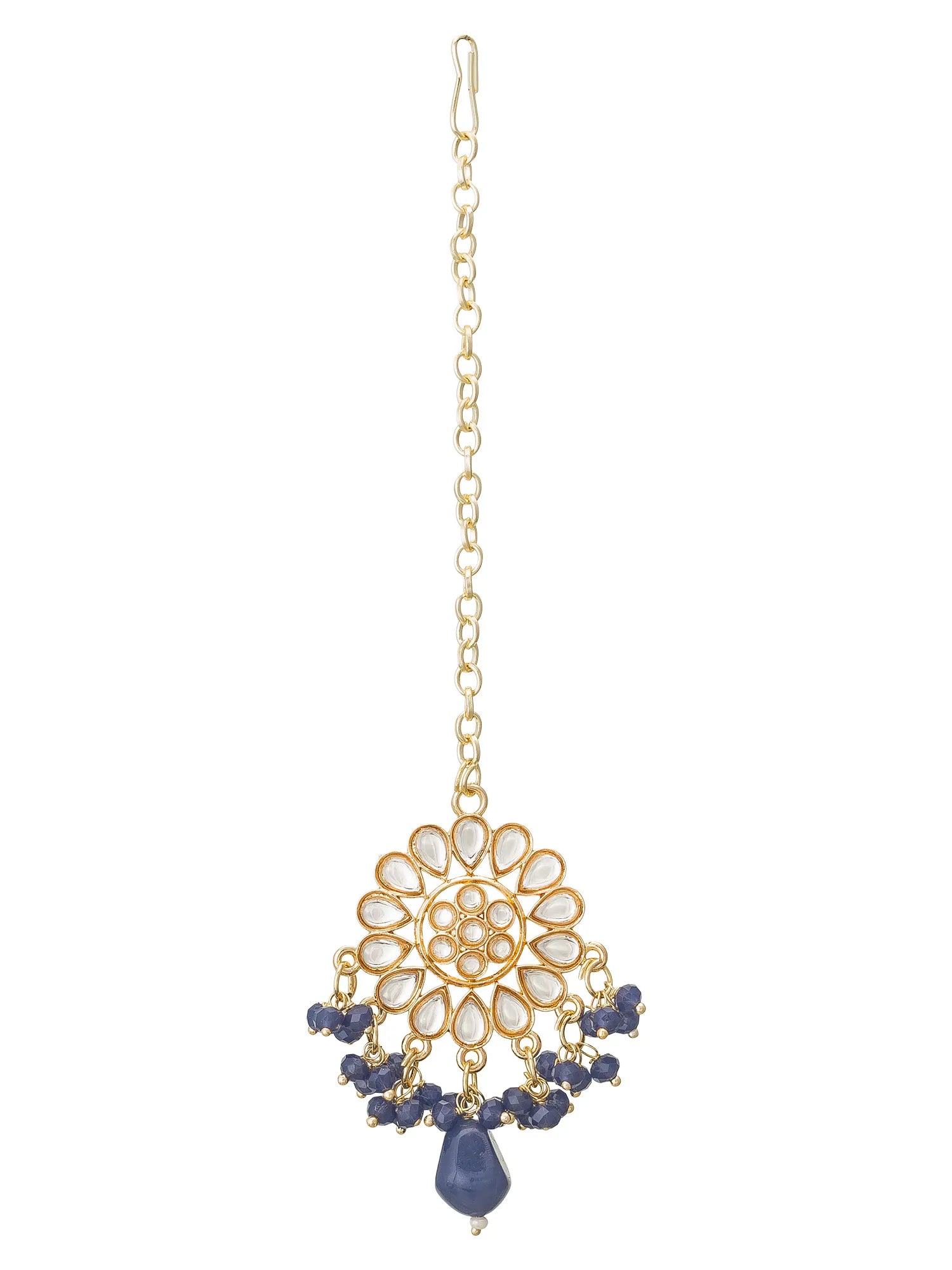 Gold necklace with floral design and blue stones on a white background