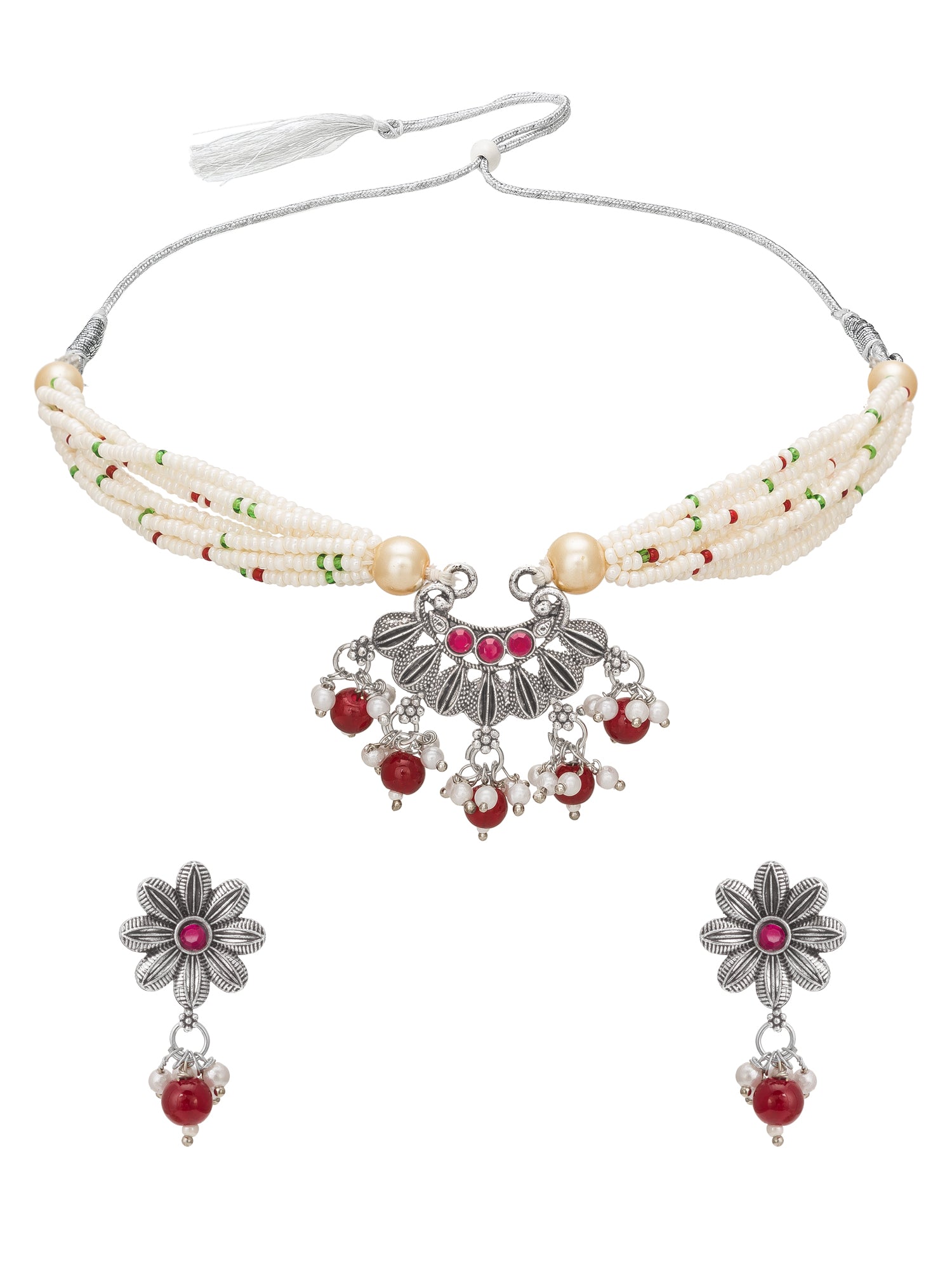Aadita Festive Wear Silver Oxidized Floral Pendant Choker Necklace Set with Red Bead Drops Silver Tone Jewellery Set