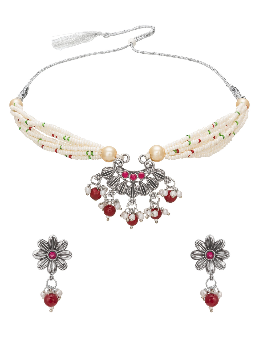 Aadita Festive Wear Silver Oxidized Floral Pendant Choker Necklace Set with Red Bead Drops Silver Tone Jewellery Set