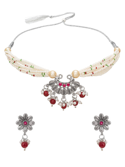 Aadita Festive Wear Silver Oxidized Floral Pendant Choker Necklace Set with Red Bead Drops Silver Tone Jewellery Set