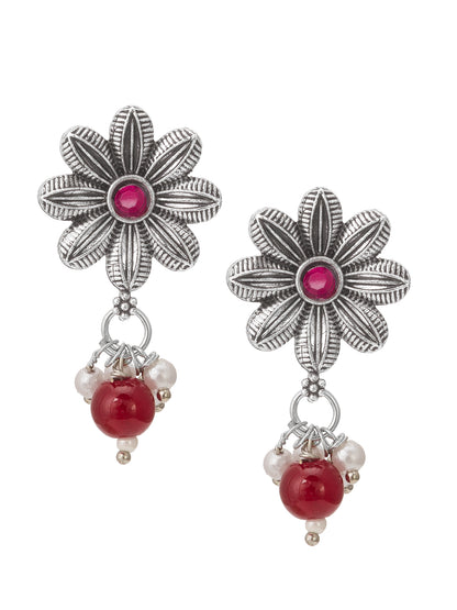 Aadita Festive Wear Silver Oxidized Floral Pendant Choker Necklace Set with Red Bead Drops Silver Tone Jewellery Set