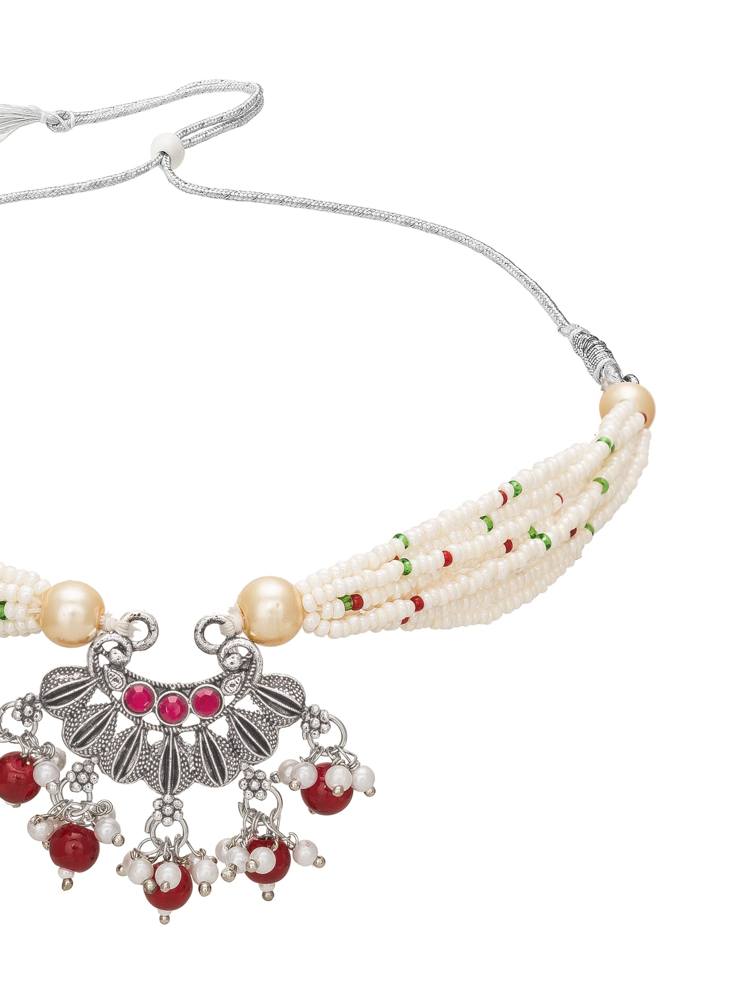 Aadita Festive Wear Silver Oxidized Floral Pendant Choker Necklace Set with Red Bead Drops Silver Tone Jewellery Set