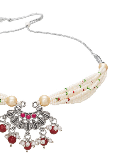 Aadita Festive Wear Silver Oxidized Floral Pendant Choker Necklace Set with Red Bead Drops Silver Tone Jewellery Set