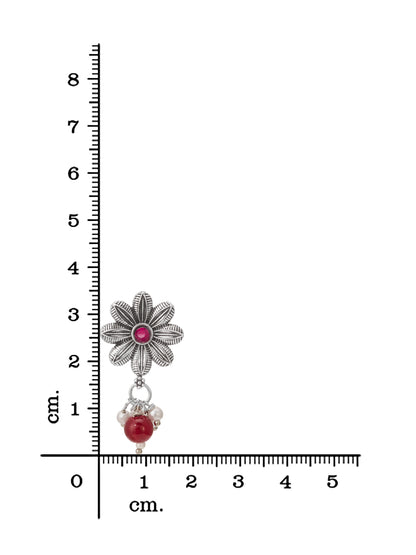 Aadita Festive Wear Silver Oxidized Floral Pendant Choker Necklace Set with Red Bead Drops Silver Tone Jewellery Set