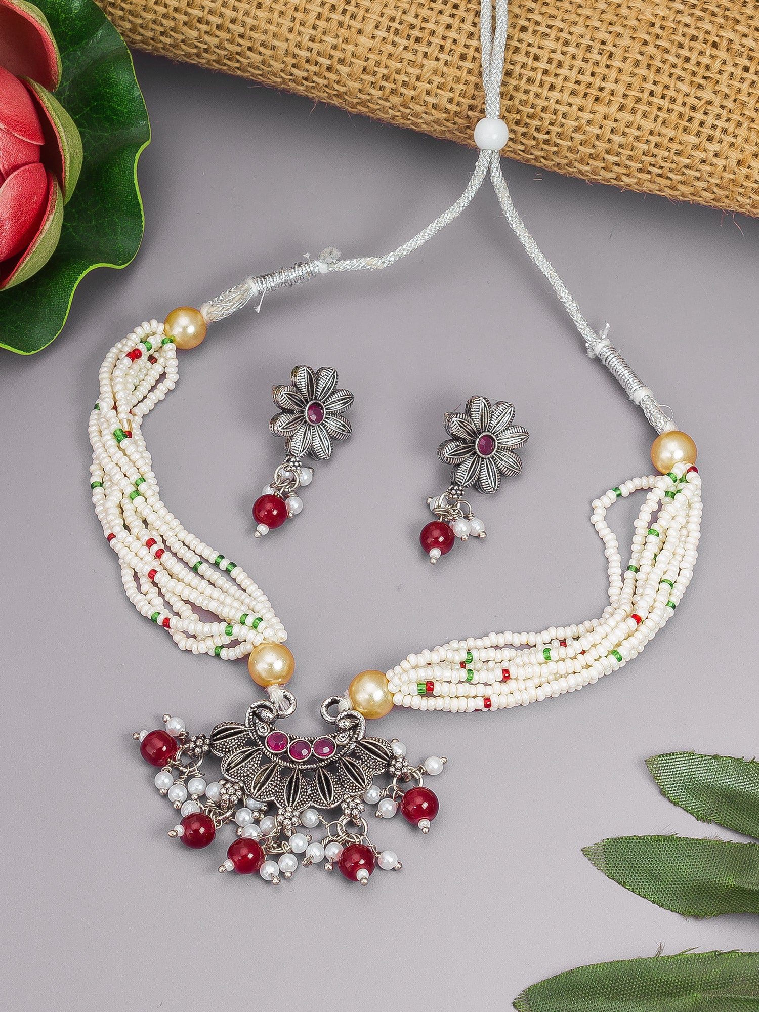 Aadita Festive Wear Silver Oxidized Floral Pendant Choker Necklace Set with Red Bead Drops Silver Tone Jewellery Set