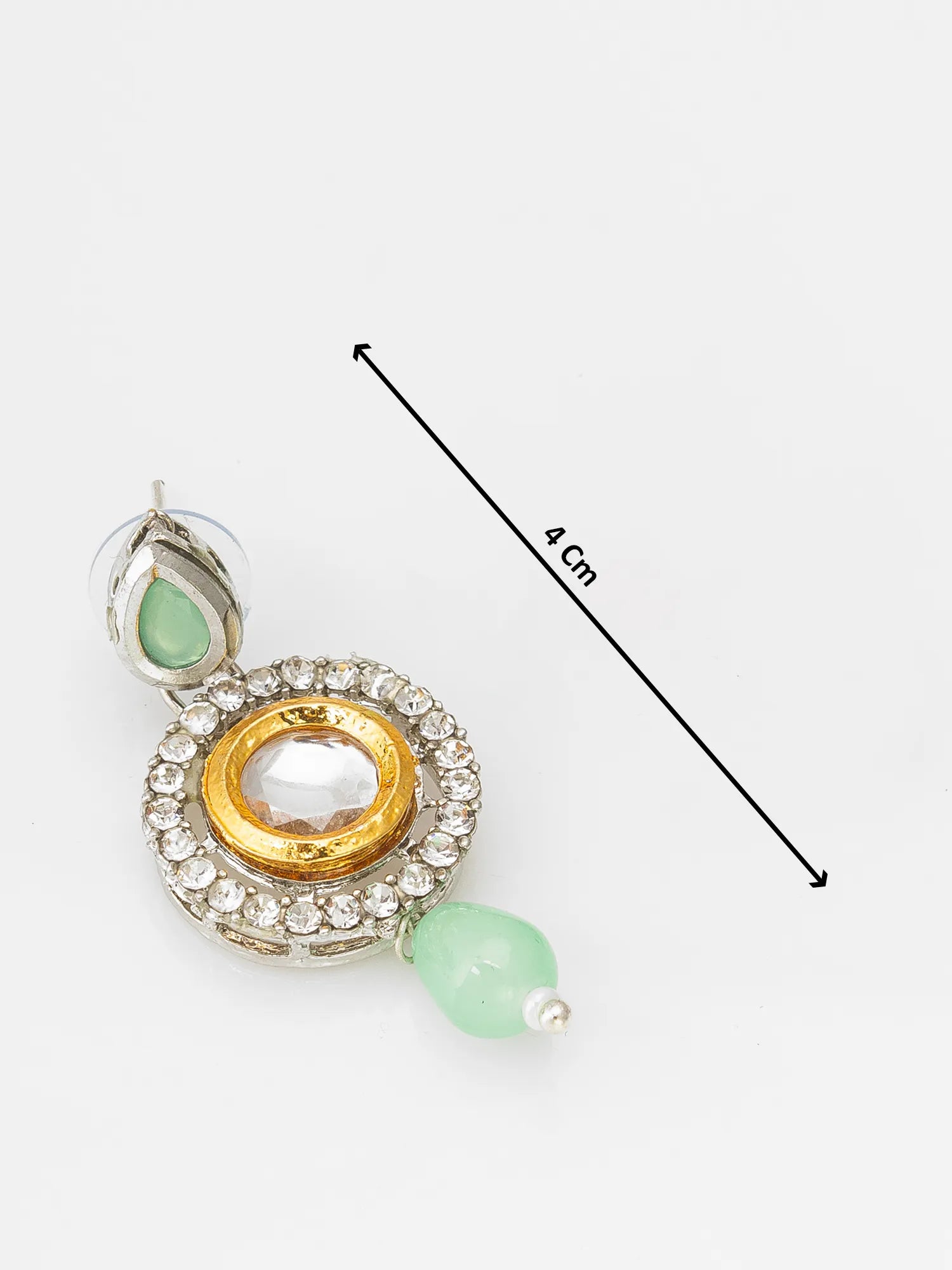 A single ornate drop earring shown on a light gray background with a black measurement arrow and text indicating 4 cm length. The earring has a silver-toned setting with a large clear central stone, a gold-toned circular accent, a halo of small clear stones, and light green bead drops.