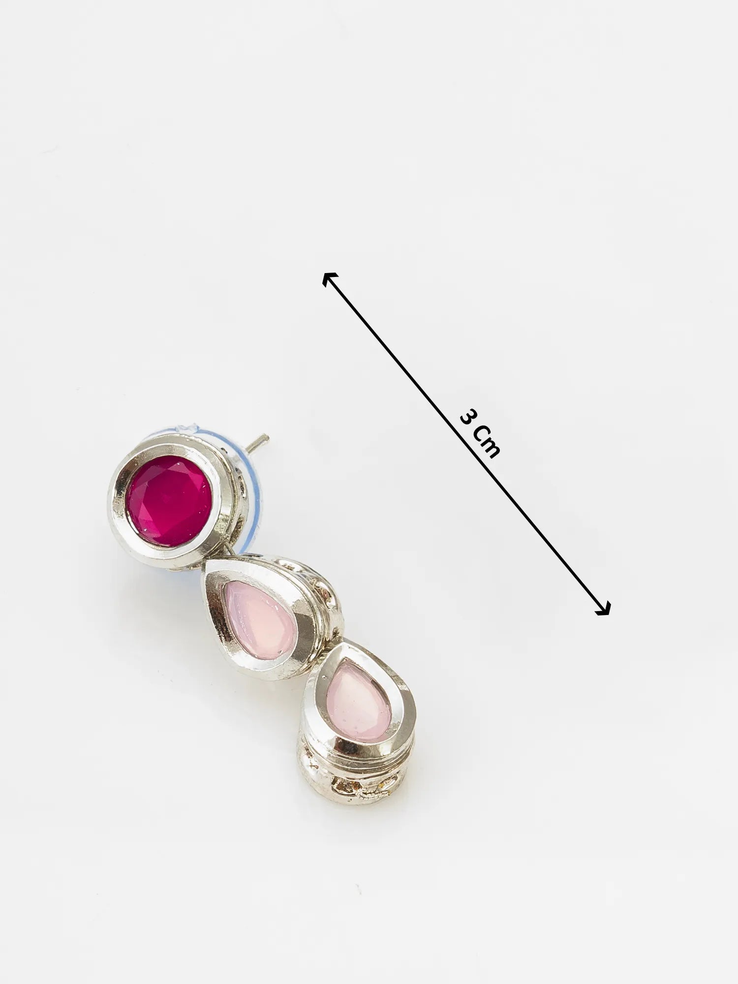 A pair of silver-toned drop earrings with pink stones, shown on a white background with a black dimension arrow indicating a height of 3 cm.