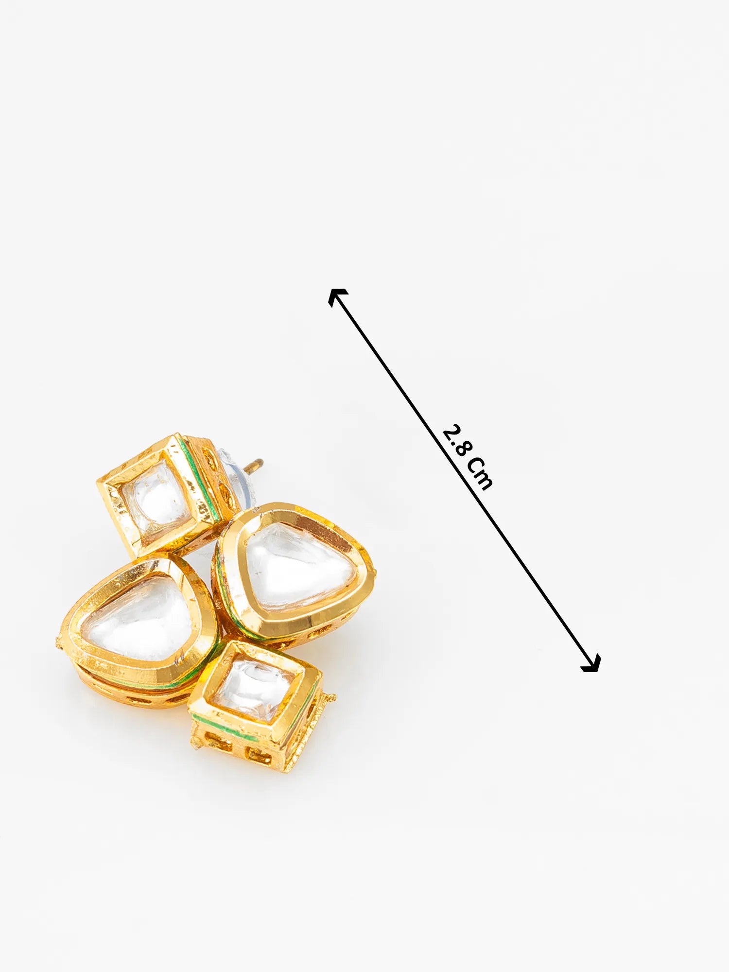 Gold-toned traditional Indian statement earrings with white stones, shown on a light gray background with a black dimension arrow indicating 2.8 cm.