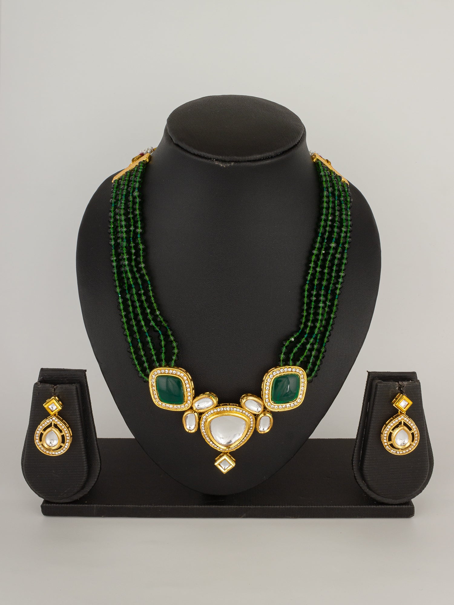 Elegant Gold-Plated Green Beaded Kundan Necklace Set with Drop Earrings