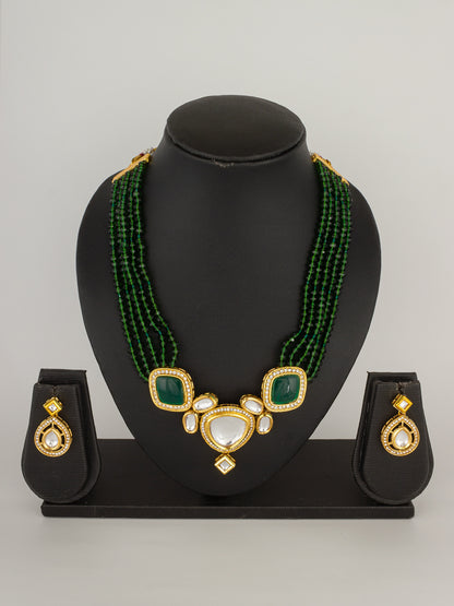 Elegant Gold-Plated Green Beaded Kundan Necklace Set with Drop Earrings