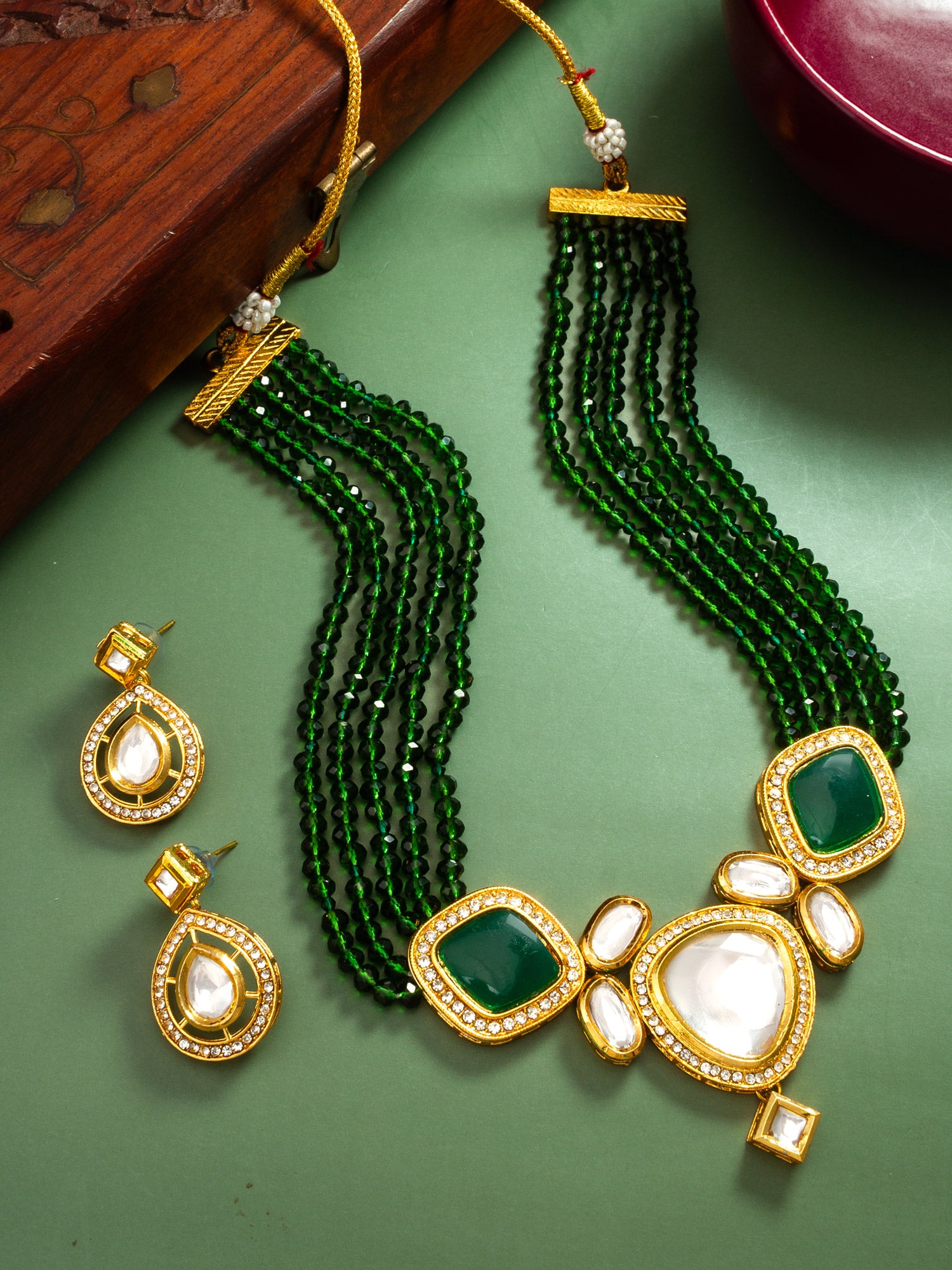 Elegant Gold-Plated Green Beaded Kundan Necklace Set with Drop Earrings