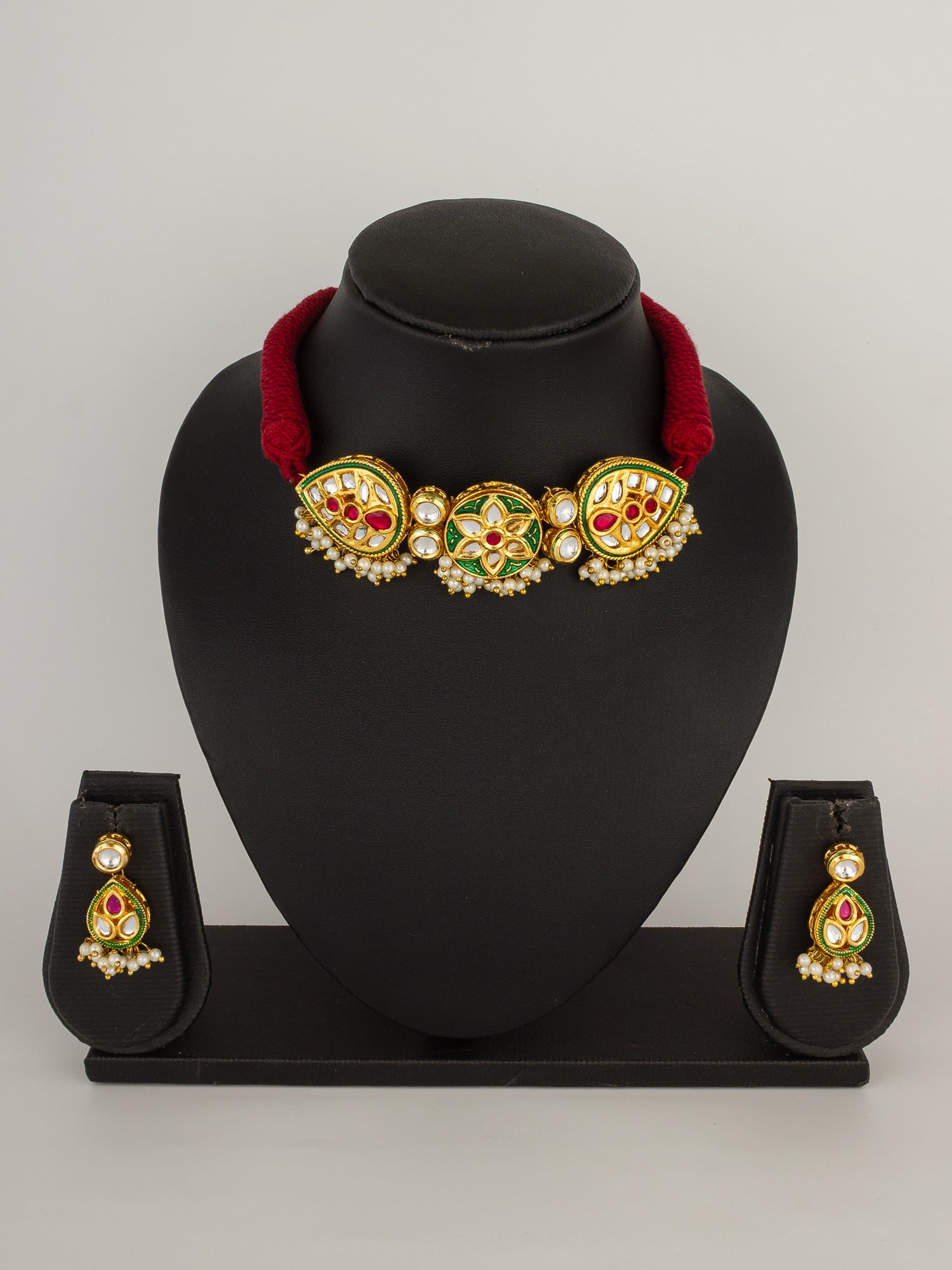 Traditional Gold-Plated Meenakari Kundan Choker Set with Pearl Droplets