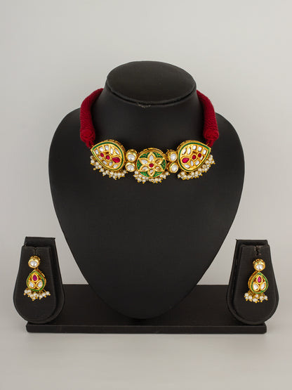 Traditional Gold-Plated Meenakari Kundan Choker Set with Pearl Droplets