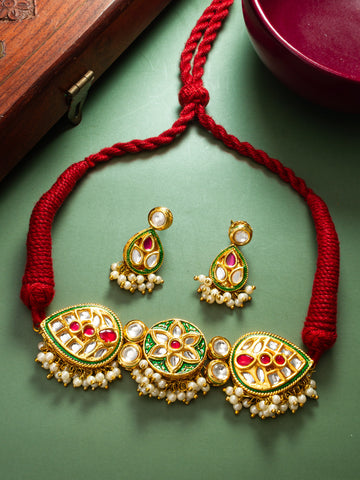 Traditional Gold-Plated Meenakari Kundan Choker Set with Pearl Droplets