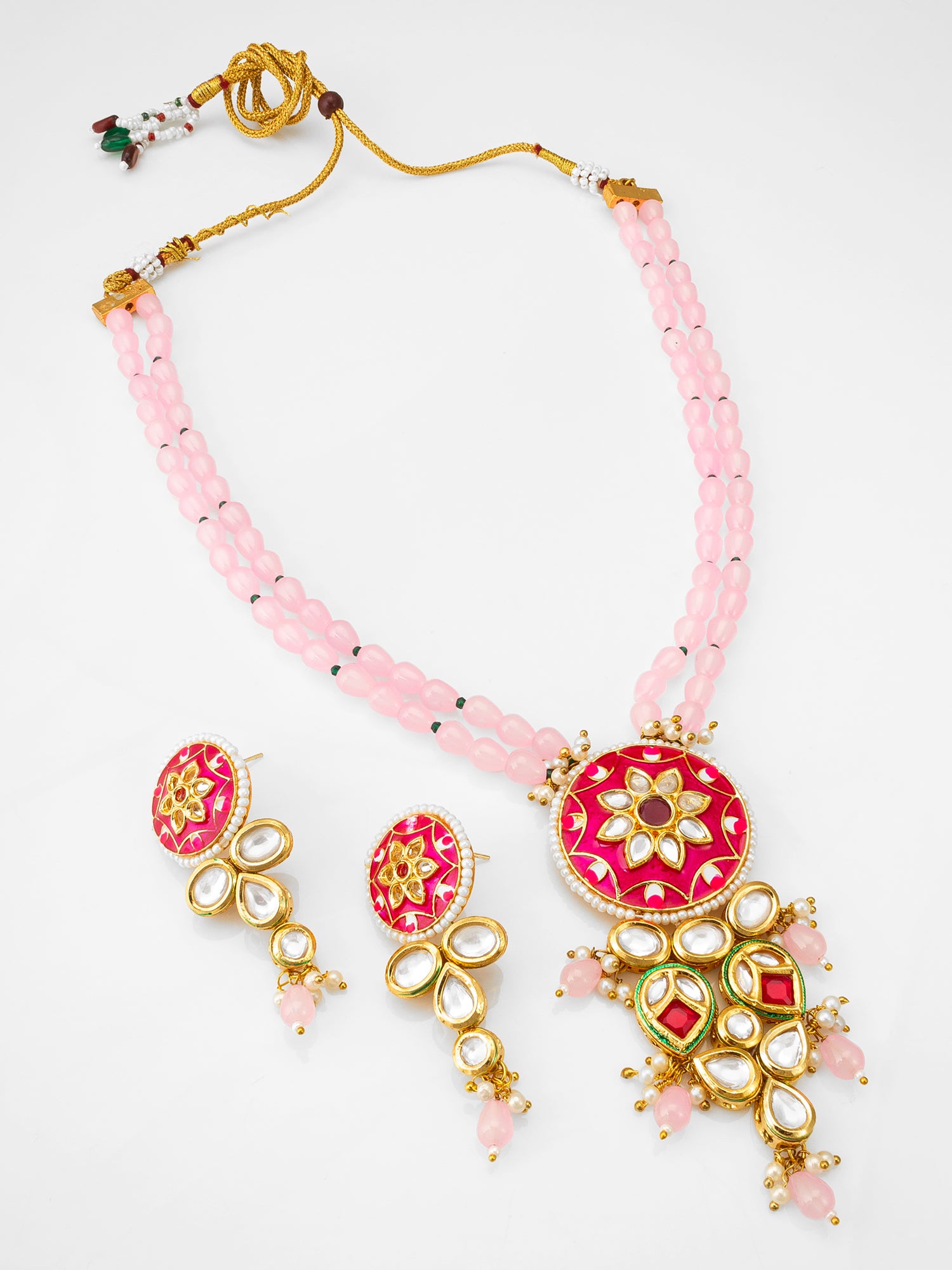 Royal Meenakari Kundan & Pink Bead Long Necklace Set with Floral Enamel Work