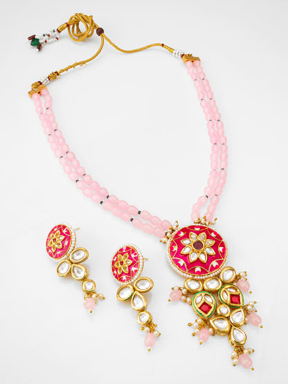 Royal Meenakari Kundan & Pink Bead Long Necklace Set with Floral Enamel Work