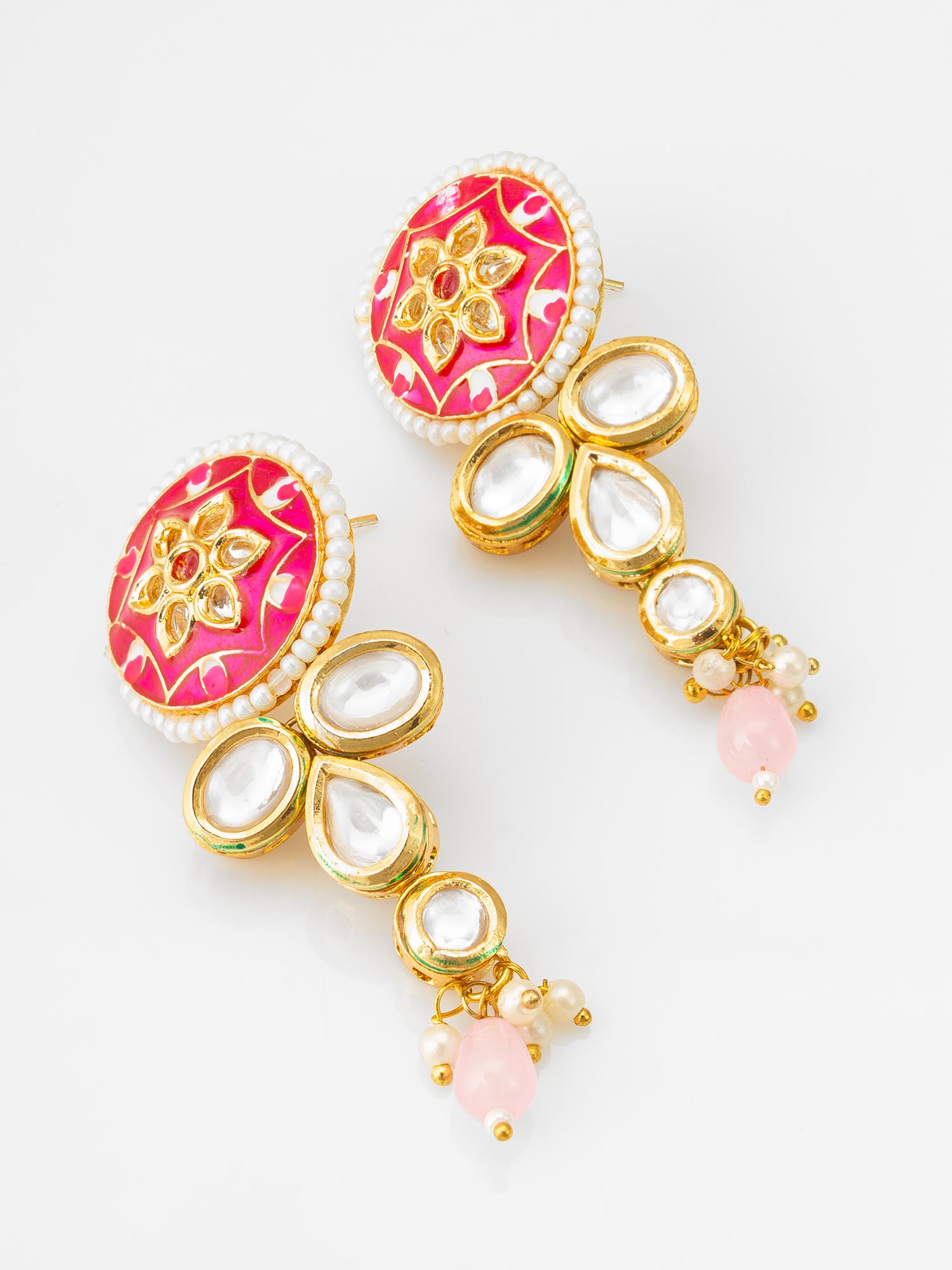Royal Meenakari Kundan & Pink Bead Long Necklace Set with Floral Enamel Work