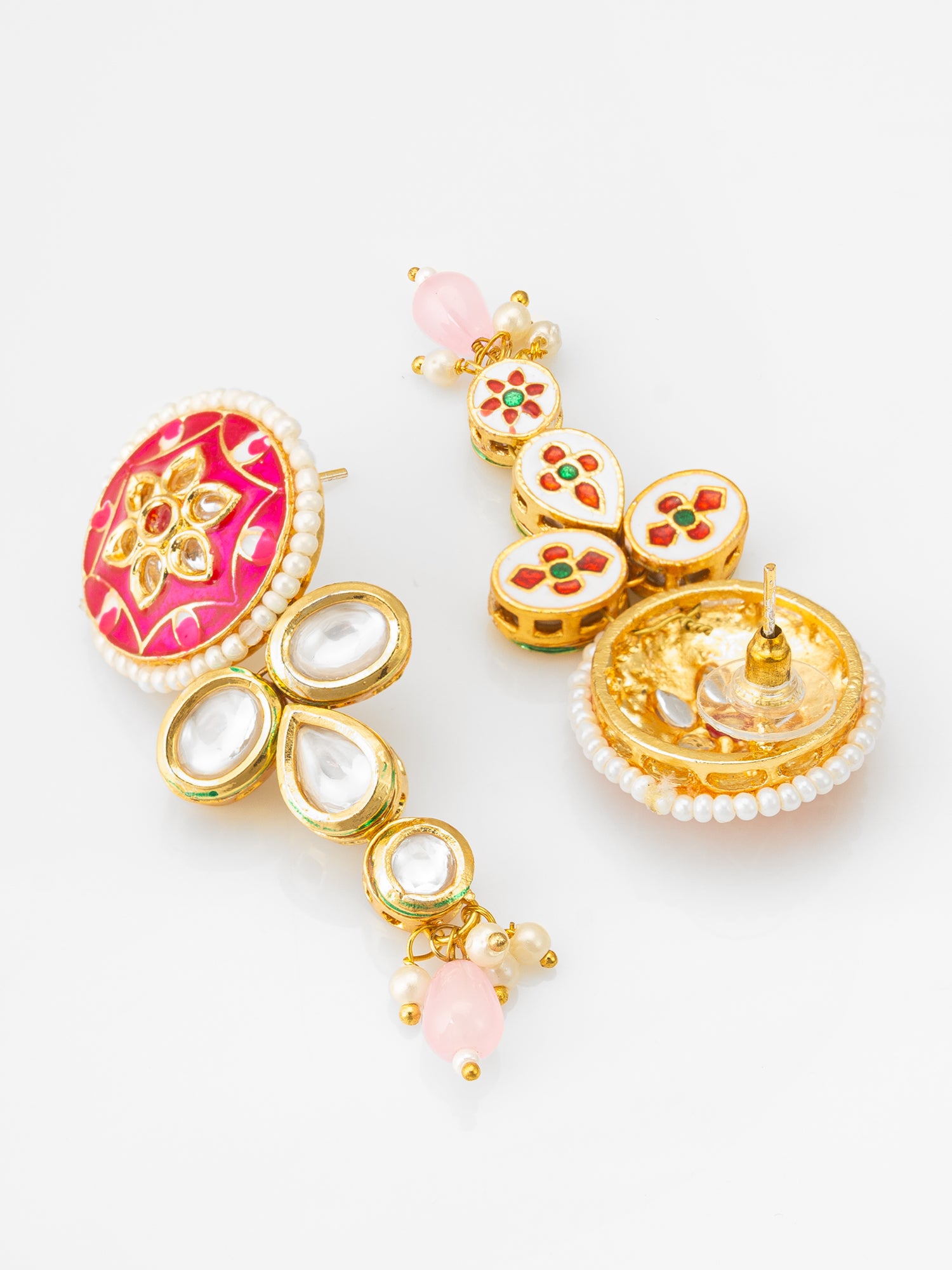 Royal Meenakari Kundan & Pink Bead Long Necklace Set with Floral Enamel Work