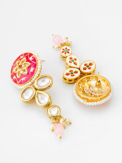 Royal Meenakari Kundan & Pink Bead Long Necklace Set with Floral Enamel Work