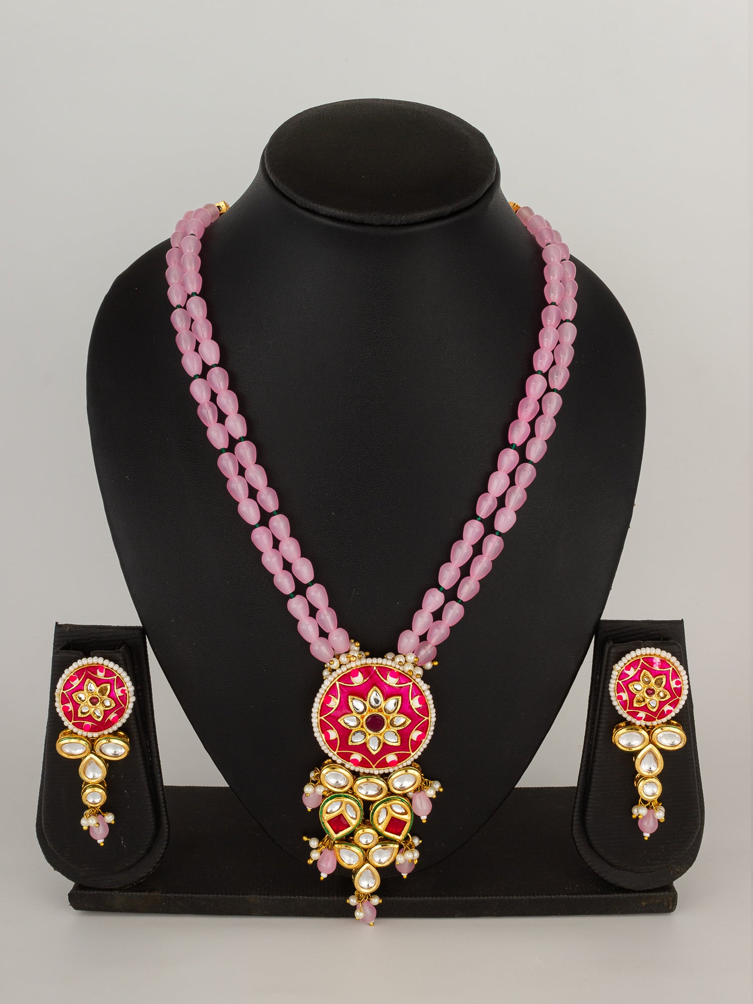 Royal Meenakari Kundan & Pink Bead Long Necklace Set with Floral Enamel Work