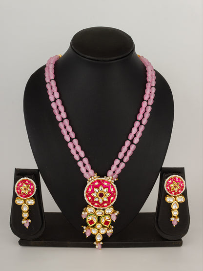 Royal Meenakari Kundan & Pink Bead Long Necklace Set with Floral Enamel Work