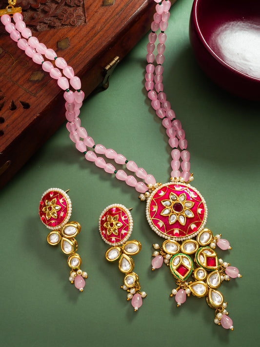 Royal Meenakari Kundan & Pink Bead Long Necklace Set with Floral Enamel Work