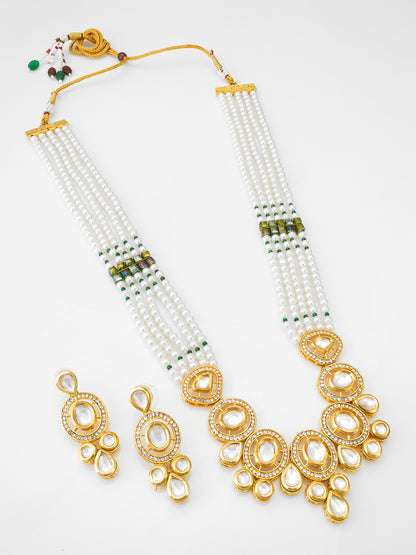 Regal Five-Layered Pearl Long Necklace with Circular Kundan Accents
