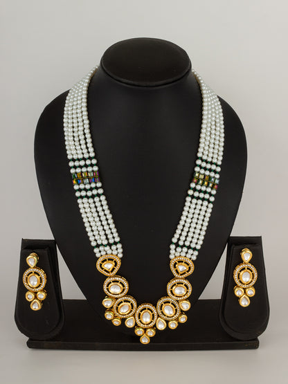 Regal Five-Layered Pearl Long Necklace with Circular Kundan Accents