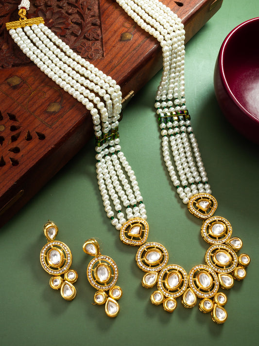 Regal Five-Layered Pearl Long Necklace with Circular Kundan Accents