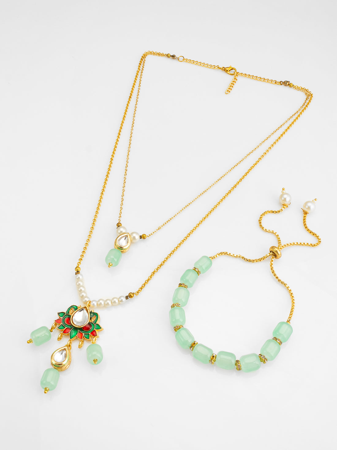 Mint Green Beaded Meenakari Pendant Necklace and Bracelet Set