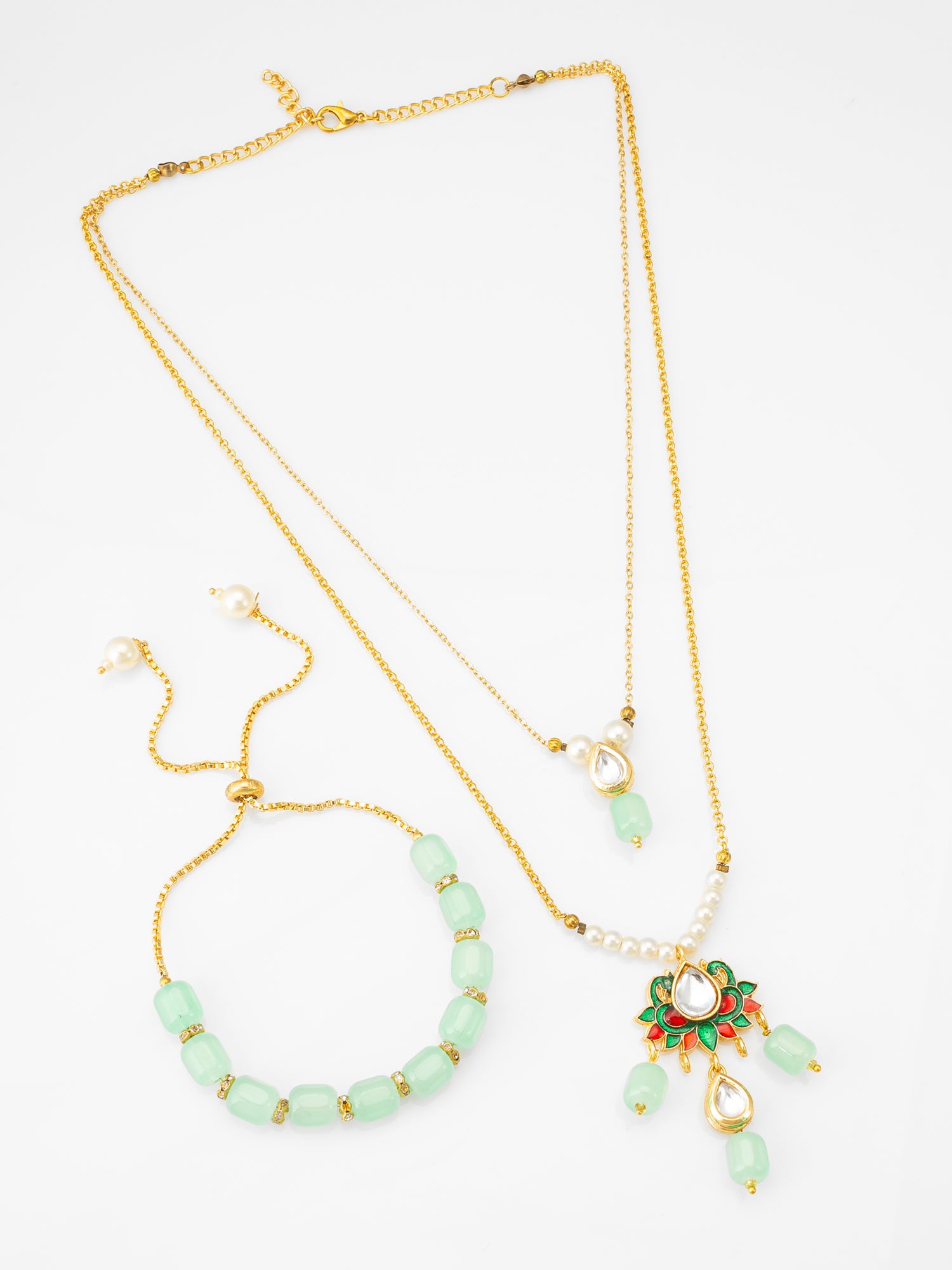 Mint Green Beaded Meenakari Pendant Necklace and Adjustable Bracelet Set