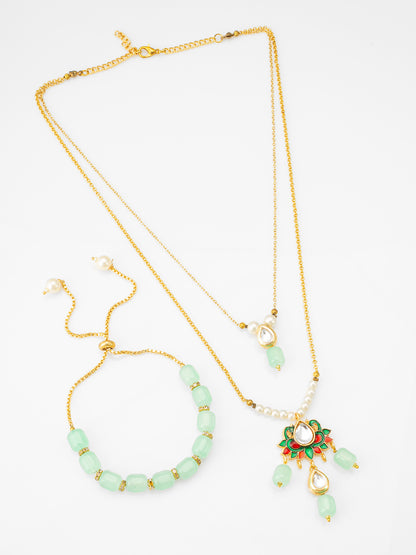 Mint Green Beaded Meenakari Pendant Necklace and Adjustable Bracelet Set