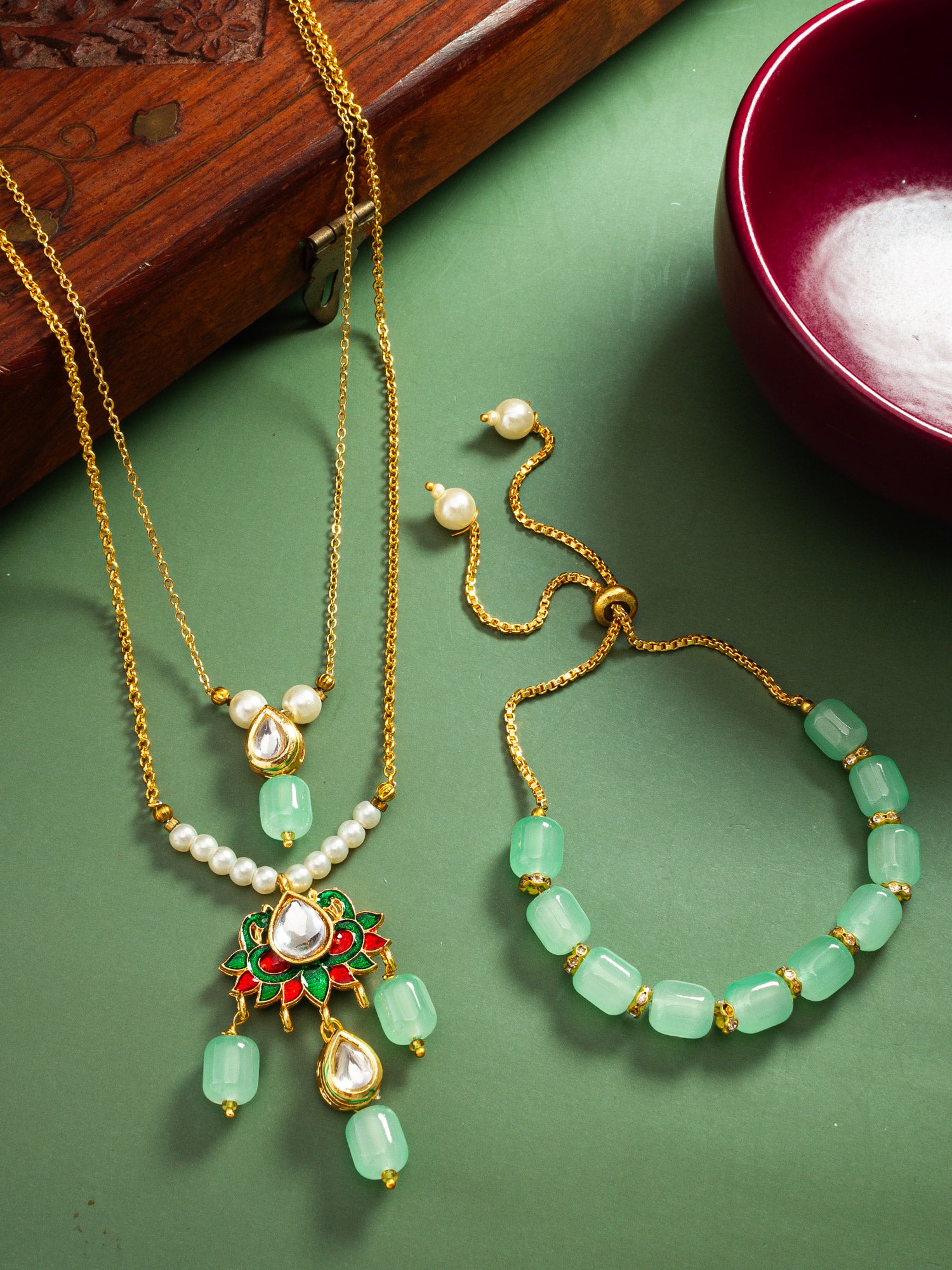 Mint Green Beaded Meenakari Pendant Necklace and Adjustable Bracelet Set