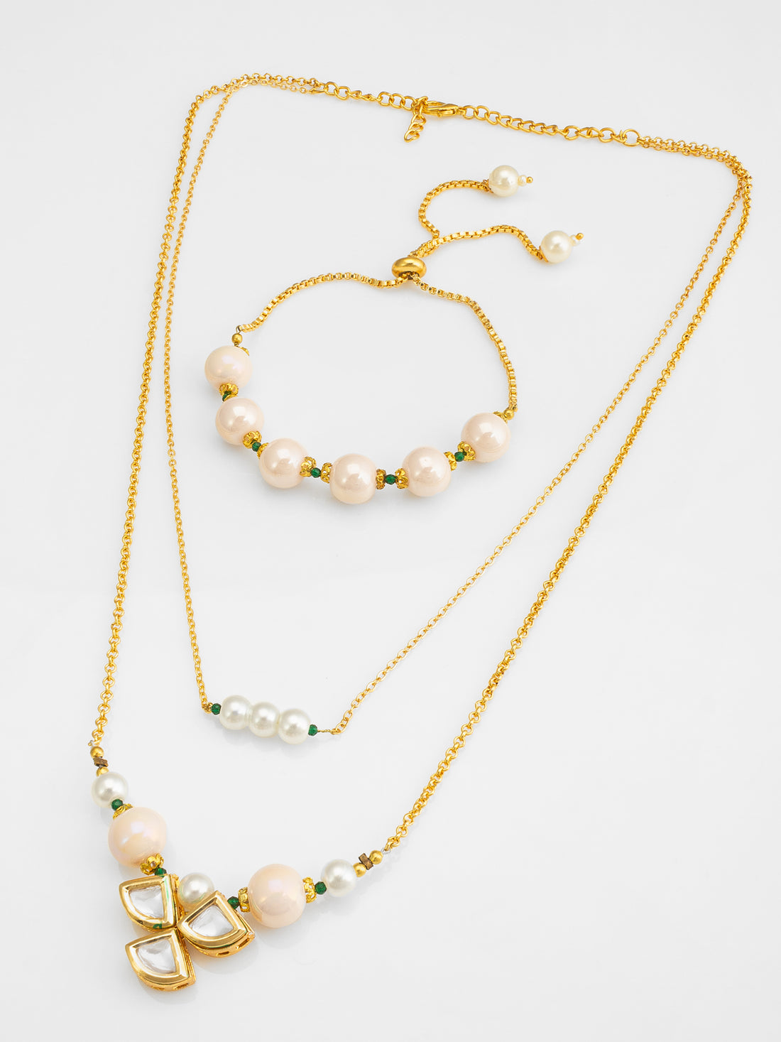 Gold-Plated Layered Pearl Necklace with Kundan Pendant, Bracelet
